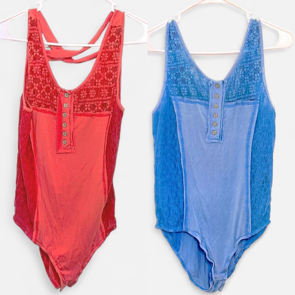 Bundle of 2 POL Clothing Lace Trim Henley Bodysuits - Size Large